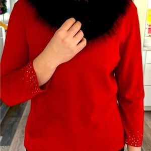 Casual Corner crystal-encrusted sweater 3/4 sleeve real fur collar (detachable)